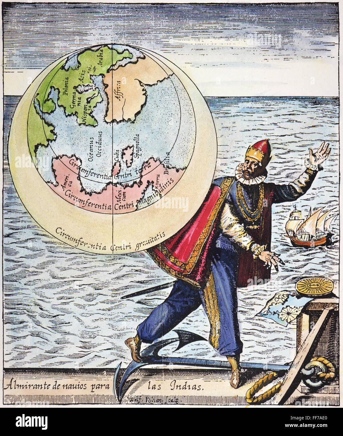 COLUMBUS: TRIBUTE, 1621. /nAllegorical tribute to Christopher Columbus and his discovery of the New World, including 'America' and Spagniolla' as shown on the accompanying map: German engraving, 1621. Stock Photo