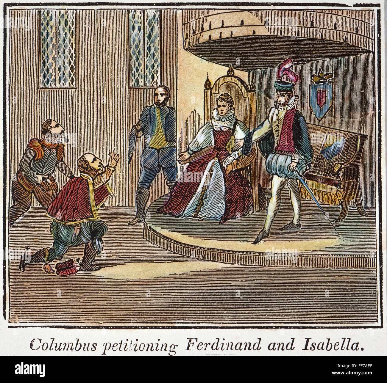 FERDINAND & ISABELLA. /nChristopher Columbus petitioning King Ferdinand and Queen Isabella of Spain about his proposed voyage: wood engraving, early 19th century. Stock Photo