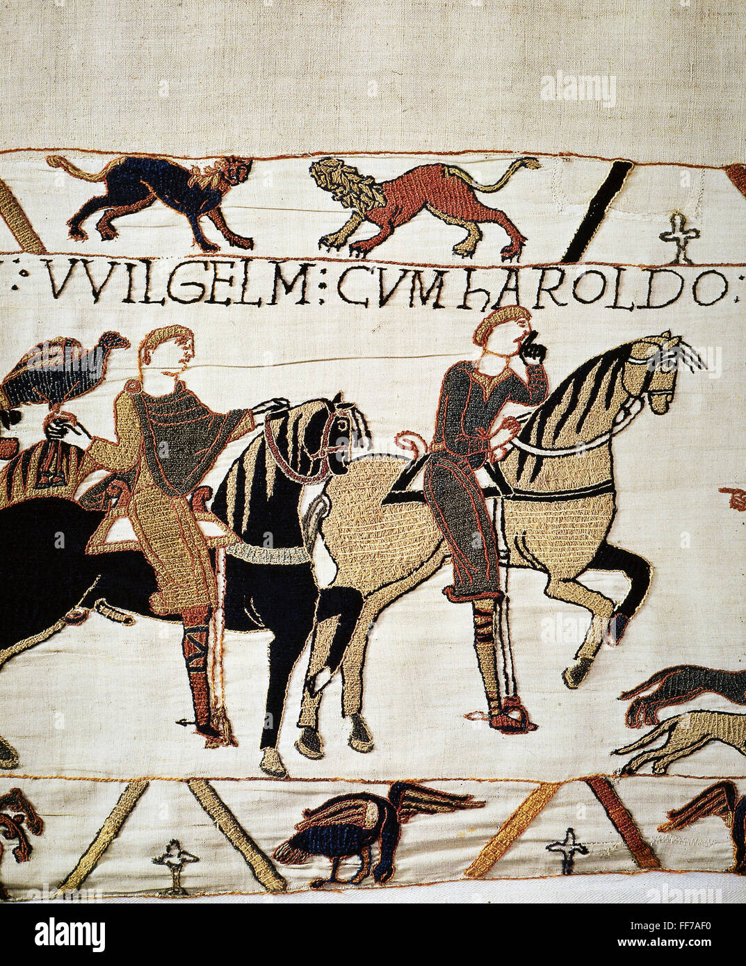 BAYEUX TAPESTRY. /nHarold (right) and Duke William of Normandy arrive