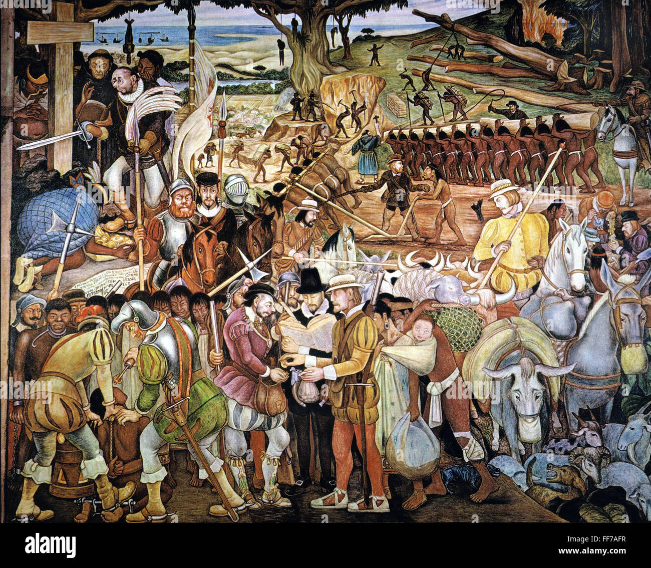 RIVERA: COLONIAL DOMINATION. /nDiego Rivera's mural of the Spanish Conquest, depicting Spanish cruelties to Native Americans. Fresco, 1951. Stock Photo