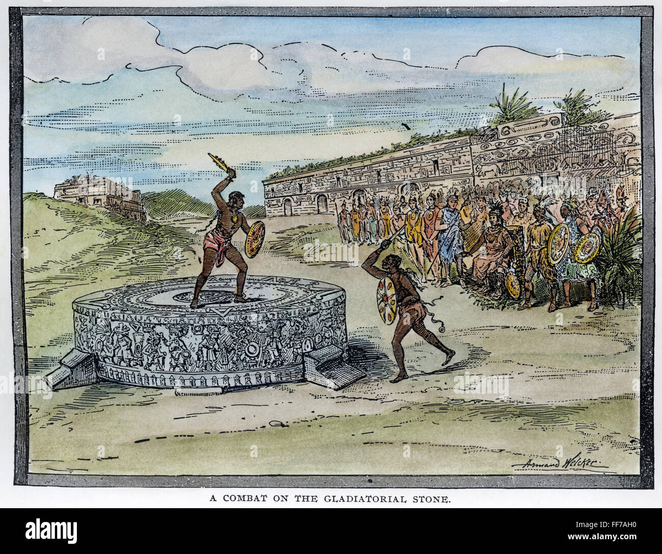 MEXICO: AZTEC WARRIORS. /nAztec warriors engaged in ritualized combat on a calendar stone before their king in Tenochtitlan. Wood engraving, 19th century. Stock Photo