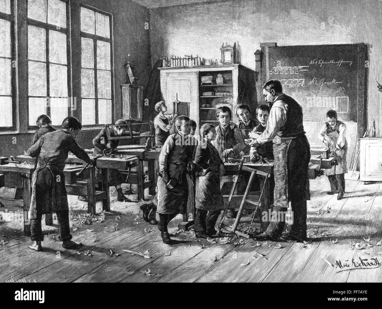pedagogy, school / lessons / discipline, handicraft lessons, after drawing by Alois Eckardt (1845 - 1906), wood engraving by Union, out of: 'Die Gartenlaube', Leipzig, 1893, Additional-Rights-Clearences-Not Available Stock Photo