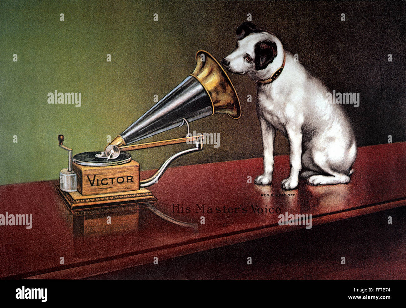 RCA VICTOR TRADEMARK. /n'His Master's Voice.' Trademark image of RCA Victor, featuring Nipper the dog. American lithograph poster, c1920. Stock Photo