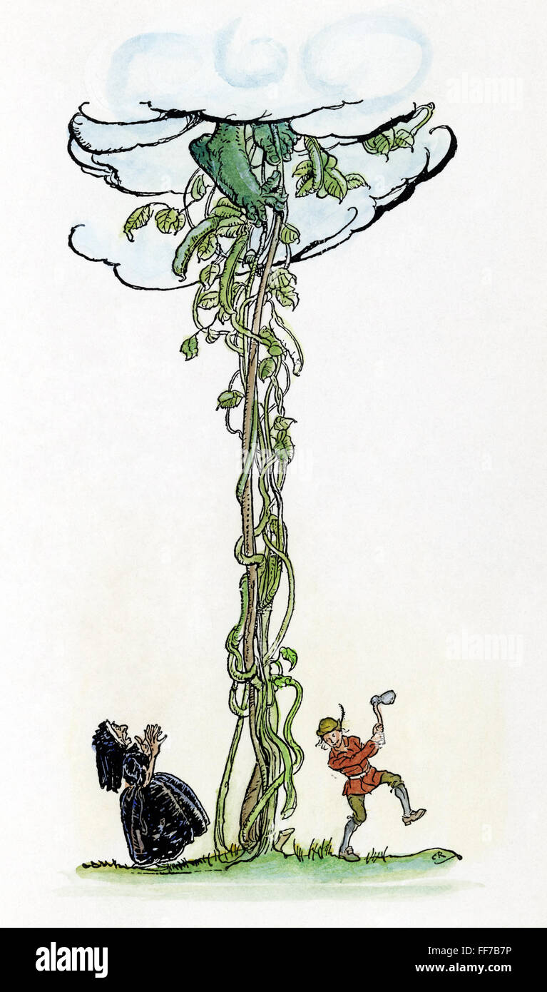 JACK AND THE BEANSTALK. /nJack chopping down the magic beanstalk to save himself and his mother from the Giant. Illustration by Arthur Rackham for a 1918 edition of the traditional English fairy tale. Stock Photo