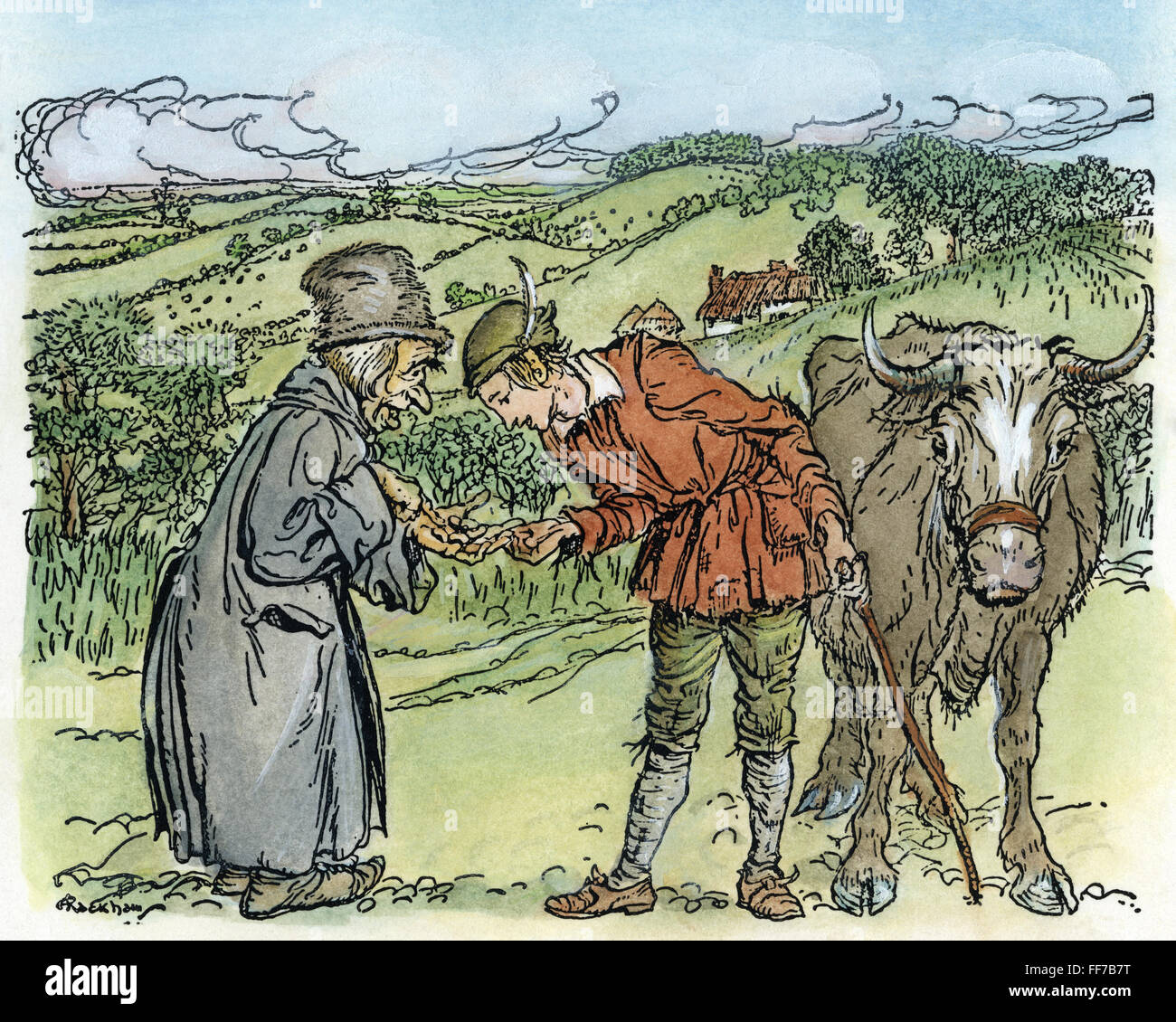 JACK AND THE BEANSTALK. /nJack trading his mother's cow for a handful of magic beans. Illustration by Arthur Rackham for a 1918 edition of the traditional English fairy tale. Stock Photo