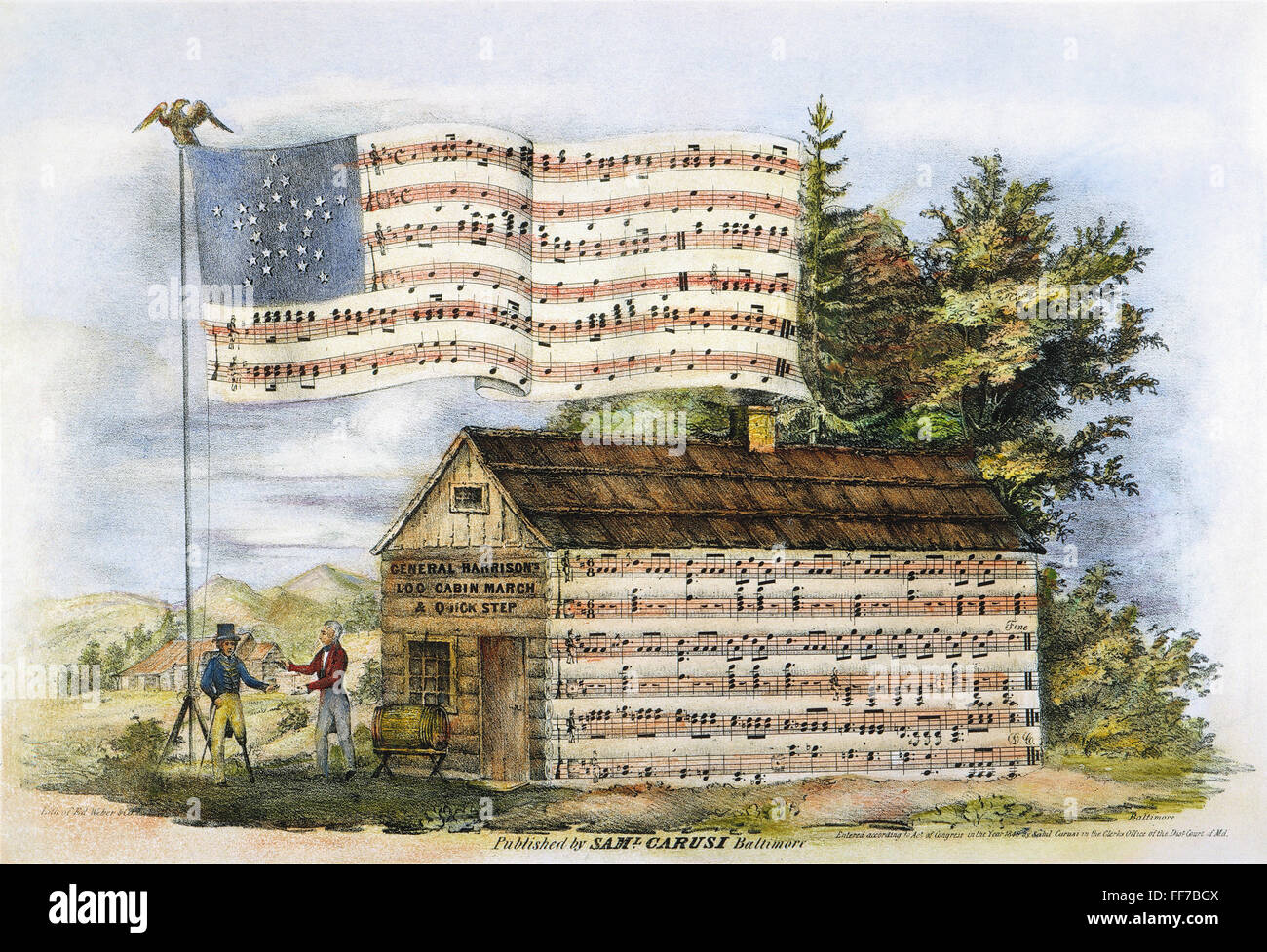 HARRISON'S LOG CABIN MARCH /n1840. Lithograph cover of a song sheet favoring the presidential candidacy of William Henry Harrison, 1840. Stock Photo
