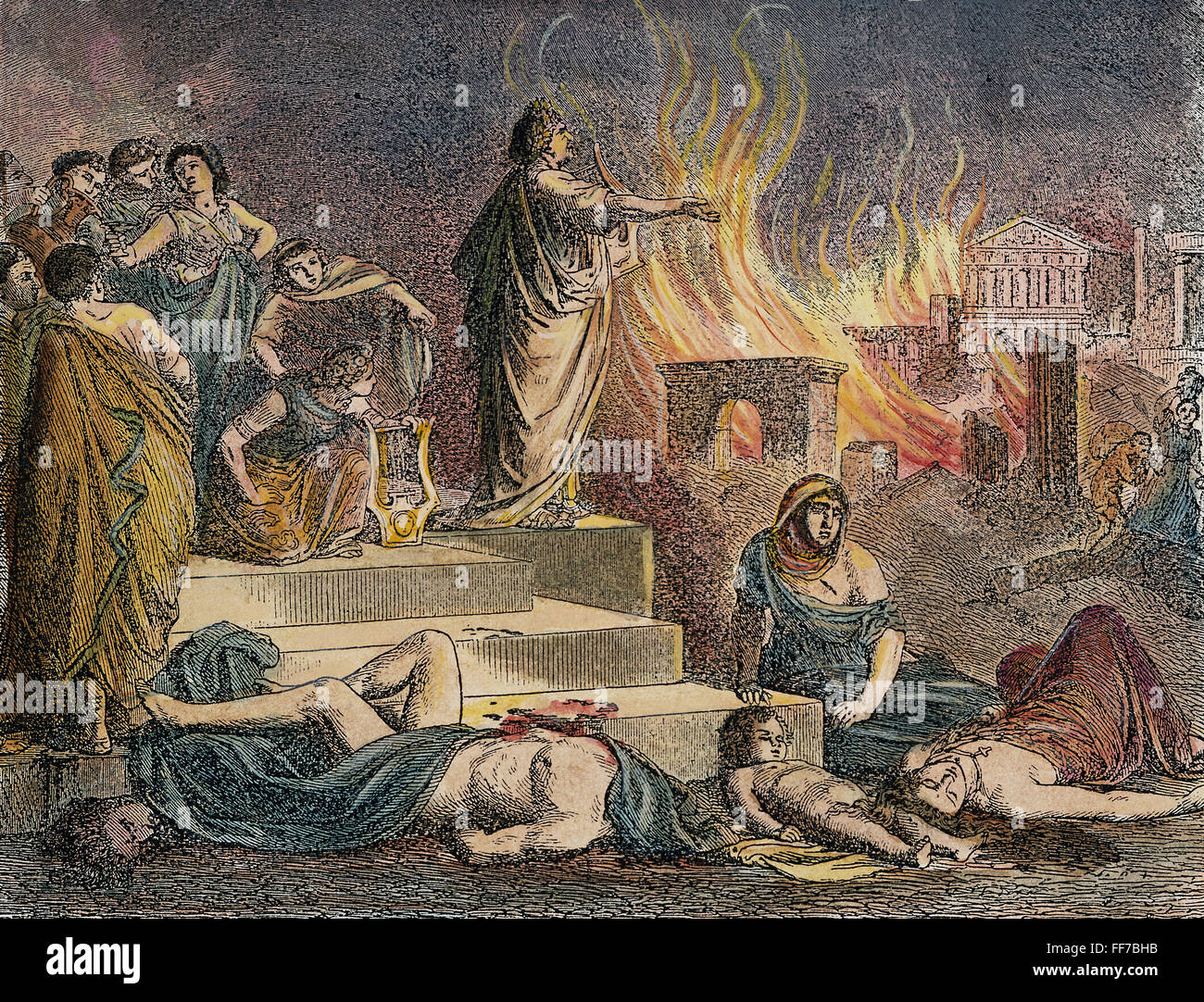 NERO PLAYING LYRE, 64 A.D. /nNero playing his lyre at the burning of Rome in 64 A.D. Engraving, 18th century. Stock Photo