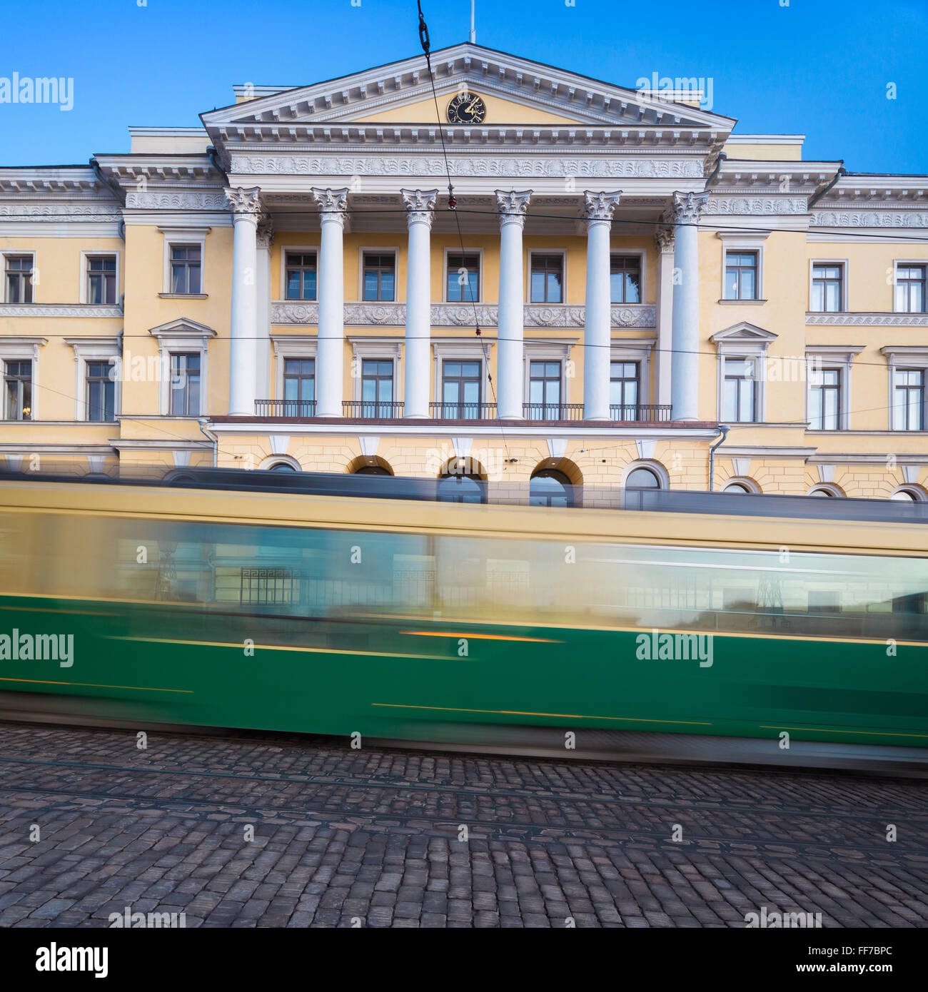 Prime minister's office and a tram in motion, Helsinki, Finland Stock Photo