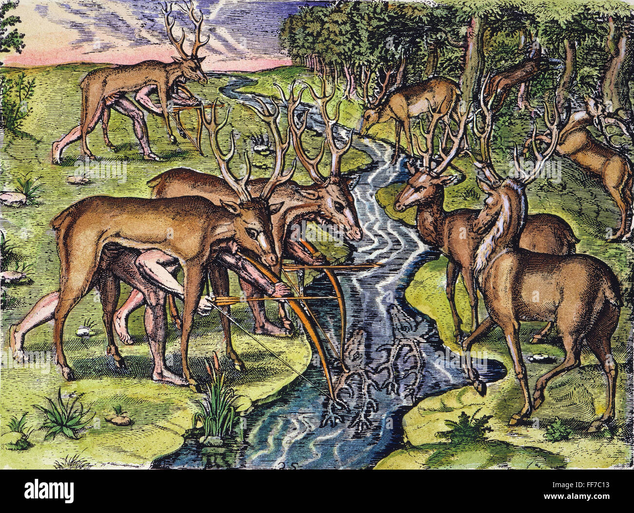 FLORIDA NATIVE AMERICANS: HUNT, 1591. /nFlorida Native Americans hunting deer, having first disguised themselves with the heads and skins of deer. Colored engraving, 1591, by Theodor de Bry after a now lost drawing by Jacques Le Moyne de Morgues. Stock Photo