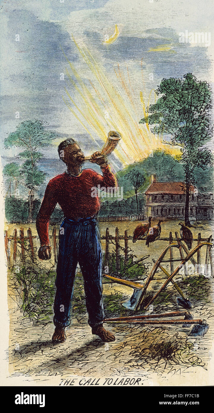 PLANTATION: MORNING CALL. /nThe morning call to labor on the Buena Vista cotton plantation in Clarke County, Alabama. Colored engraving, 1867. Stock Photo