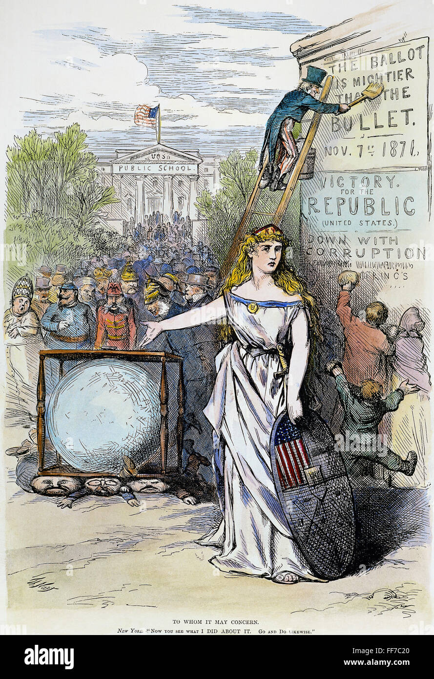 NAST: TWEED CARTOON, 1871. /n'To Whom it May Concern.' An 1871 cartoon by Thomas Nast hailing the triumph of the ballot box and the overthrow of the Tweed Ring of corrupt politicians. Stock Photo