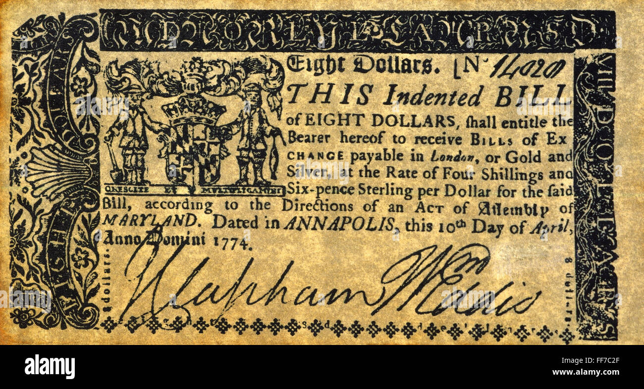 MARYLAND BANK NOTE, 1774. /nBanknote for eight dollars. Stock Photo
