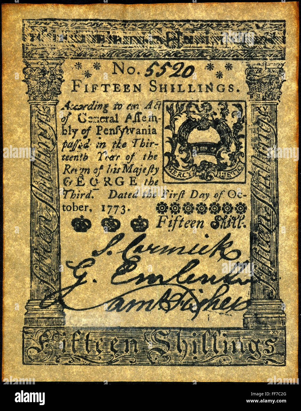 PENN. BANKNOTE, 1773. /nPennsylvania banknote for fifteen shillings. Stock Photo