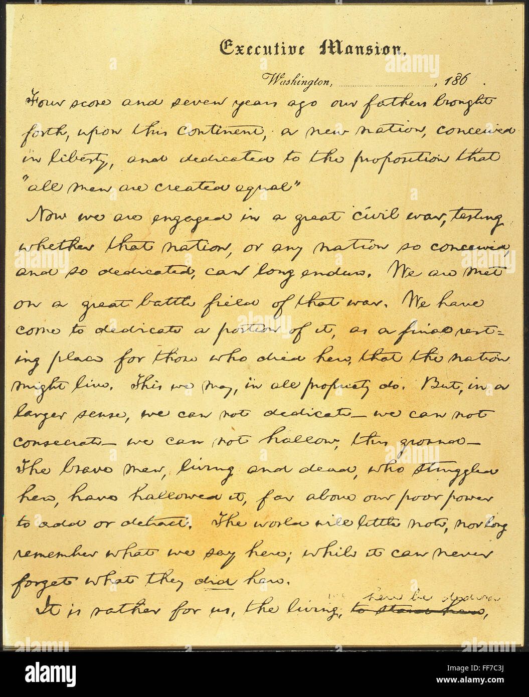 GETTYSBURG ADDRESS. /nFirst page of the Nicolay copy, known as the 'First Draft,' of the Gettysburg Address. The earliest extant version in Abraham Lincoln's handwriting, written at Washington, D.C., shortly before 18 November 1863. Stock Photo