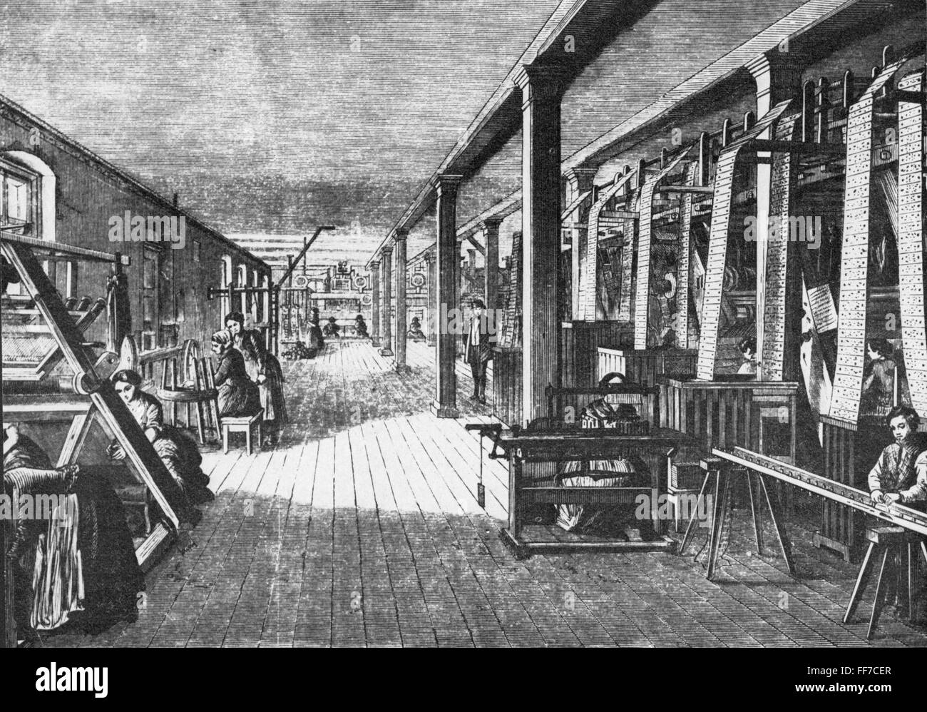 industry, textiles, carpets, production with the help of punch cards, system by Joseph-Marie Jacquard, Gevers & Schmidt company, Schmiedeberg, Silesia, wood engraving, 1858, Additional-Rights-Clearences-Not Available Stock Photo