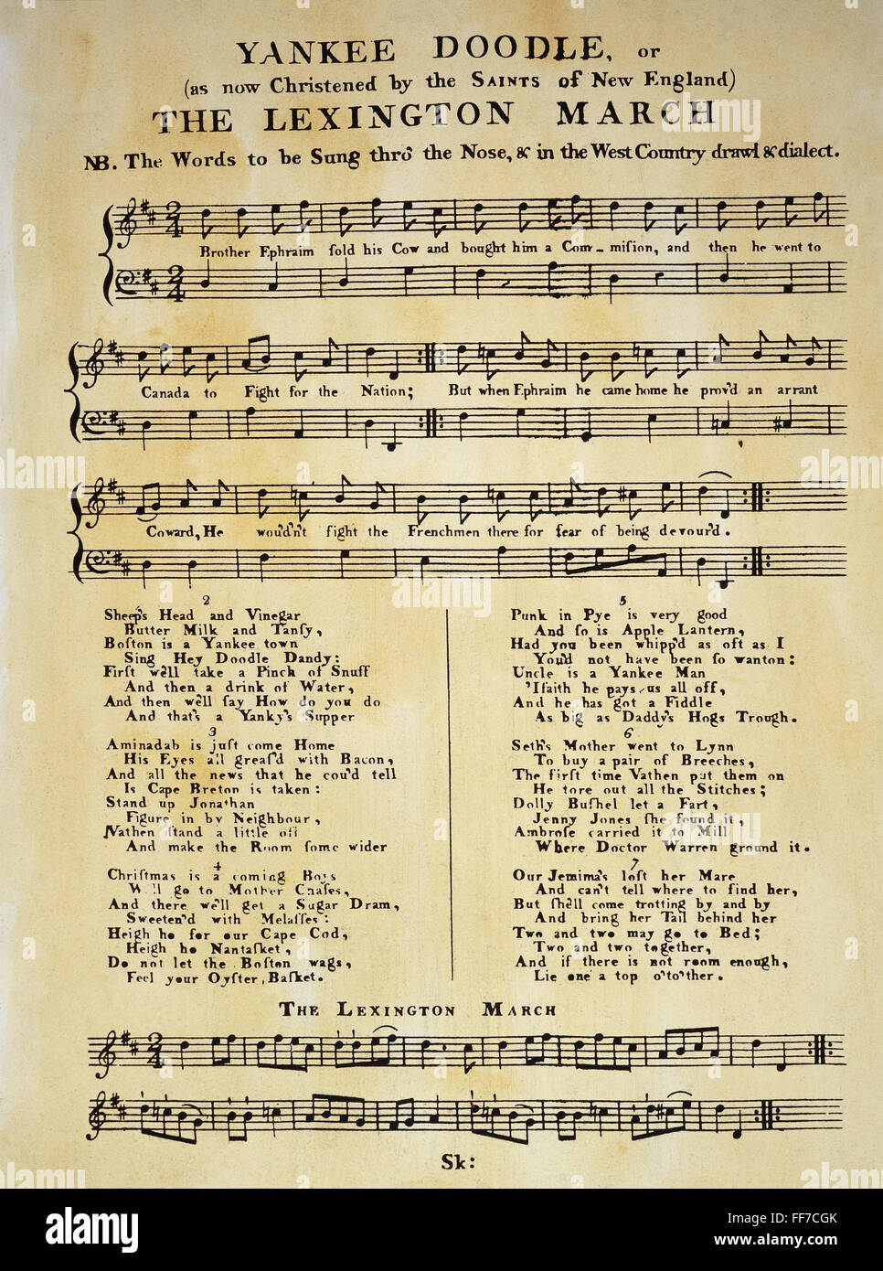 YANKEE DOODLE MUSIC, 1775. /nThe first publication of 'Yankee Doodle' as sheet music, London, 1775. Stock Photo