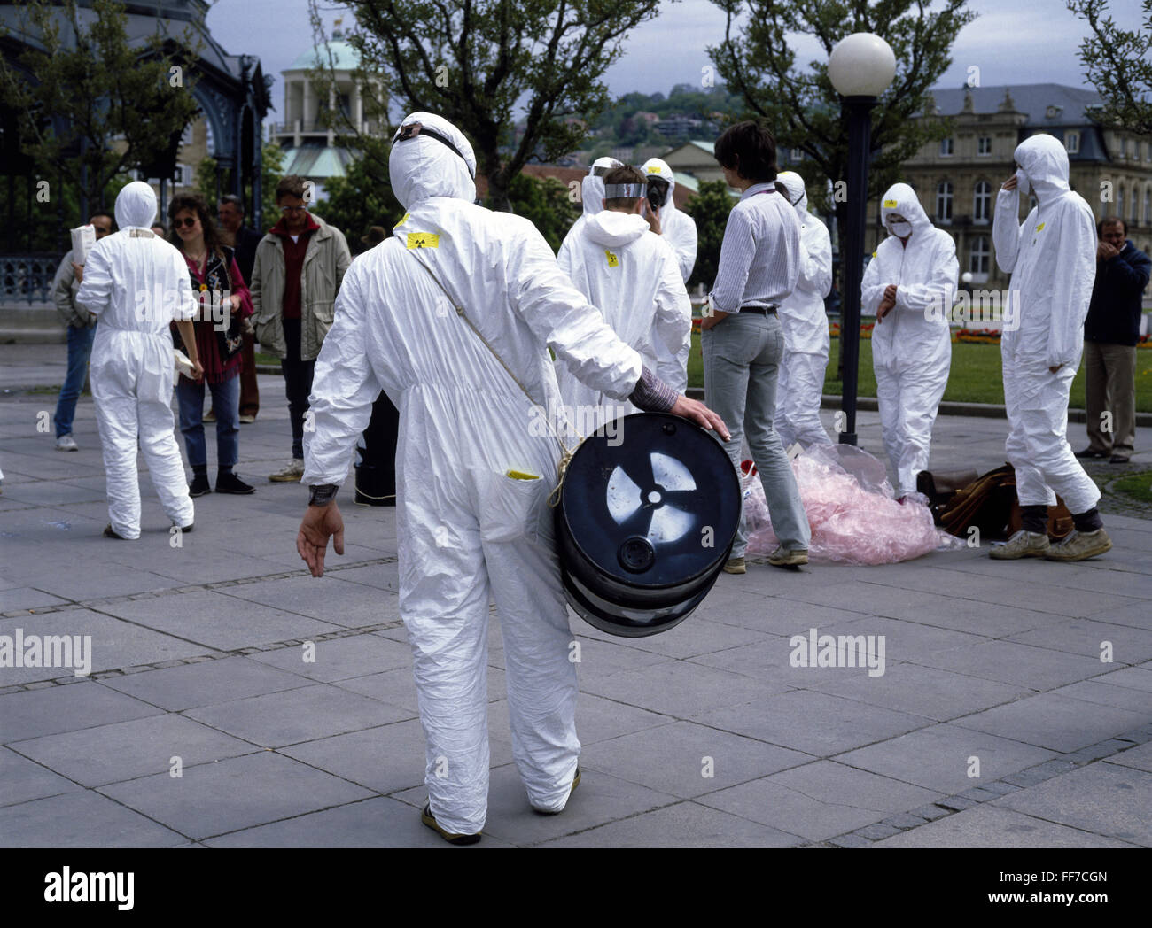 geography / travel, Germany, politics, demonstration, spontan street theatre against nuclear power after the catastrophe of Chernobyl, Schloßplatz, Stuttgart, 26.4.1986, Additional-Rights-Clearences-Not Available Stock Photo