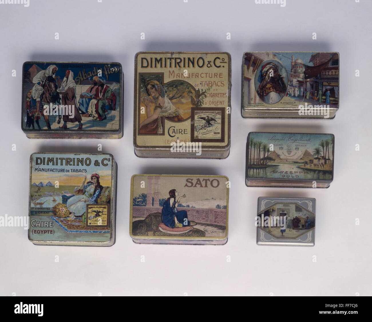 advertisement, tobacco, cigars, cigar boxes, sheet metal, painted, early 20th century, smoking, Orient, oriental, Eastern, Abadie Flor, Dimitrino, Sumila, Sato, historic, historical, people, 1900s, 1910s, Additional-Rights-Clearences-Not Available Stock Photo