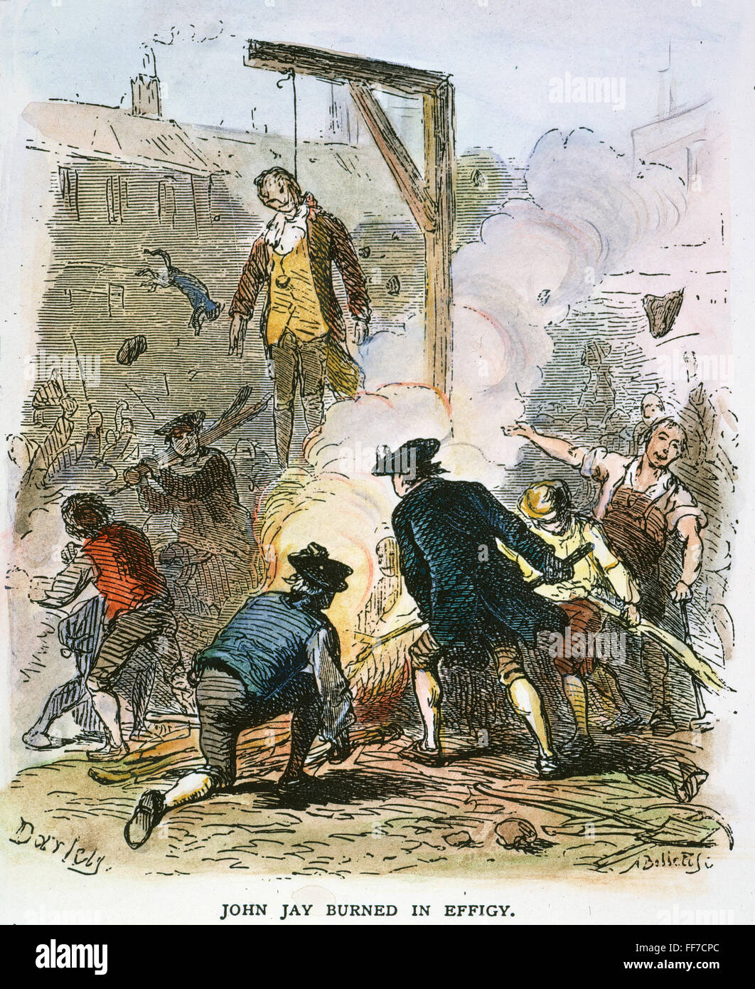 JOHN JAY: EFFIGY, 1794. /nJeffersonians hanging and burning John Jay in effigy in 1794. Colored engraving, 19th century. Stock Photo