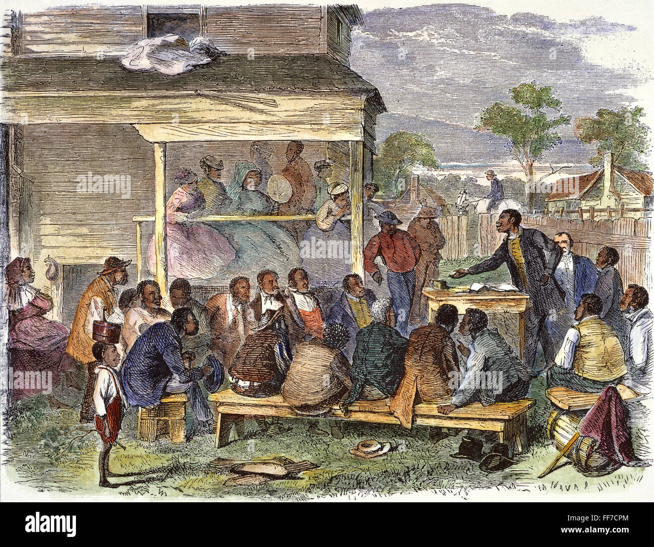 ELECTIONEERING, 1868. /nElectioneering among freedmen in the American South in 1868. Contemporary colored engraving. Stock Photo