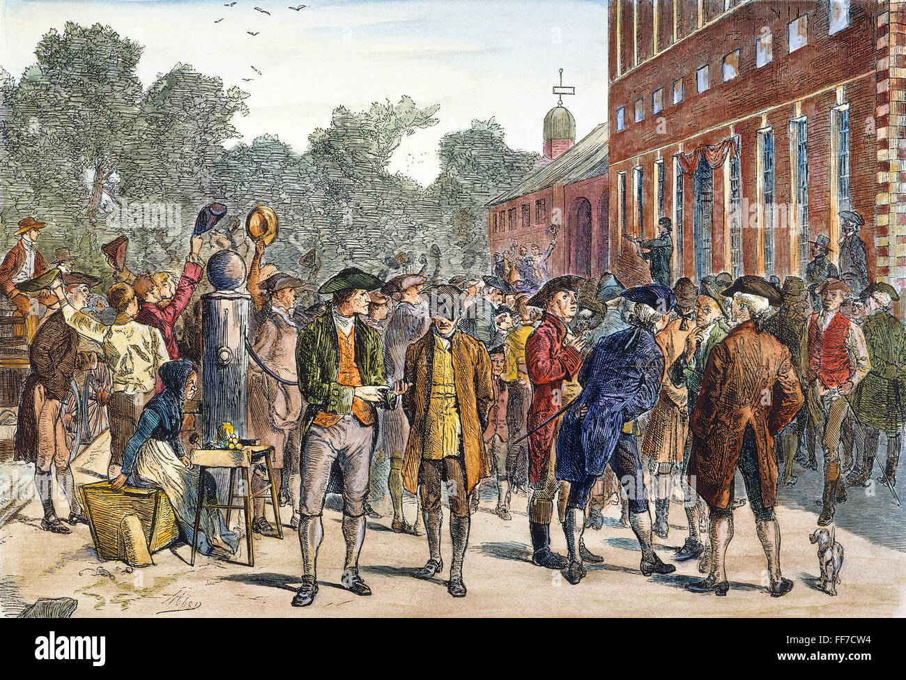 JOHN NIXON, 1776. /nJohn Nixon giving the first public reading of the Declaration of Independence from the steps of Independence Hall in Philadelphia, Pennsylvania, on 8 July 1776. Color engraving after Edwin Austin Abbey. Stock Photo