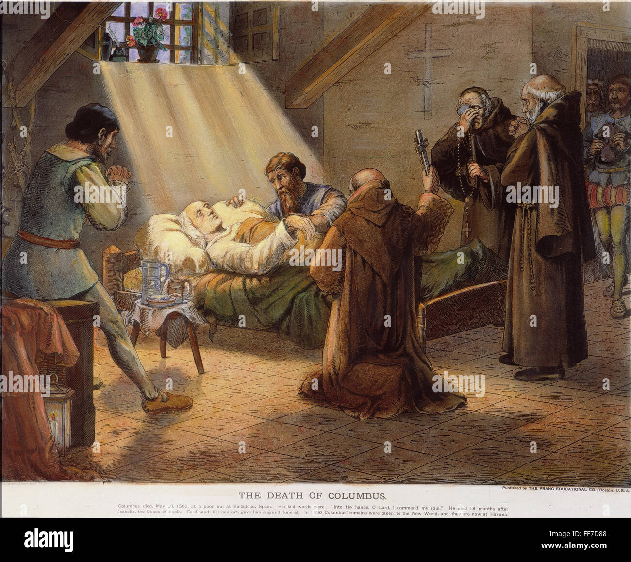 COLUMBUS: DEATHBED, 1506. /nThe death of Christopher Columbus at Valladolid, Spain, on 20 May 1506. American lithograph, 1893. Stock Photo