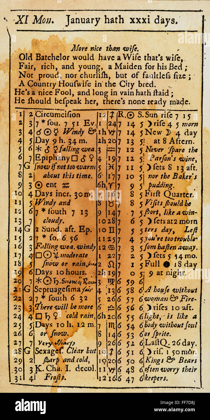 POOR RICHARD'S ALMANACK. /nThe January page from the first edition of Benjamin Franklin's Almanack, 1733. Stock Photo