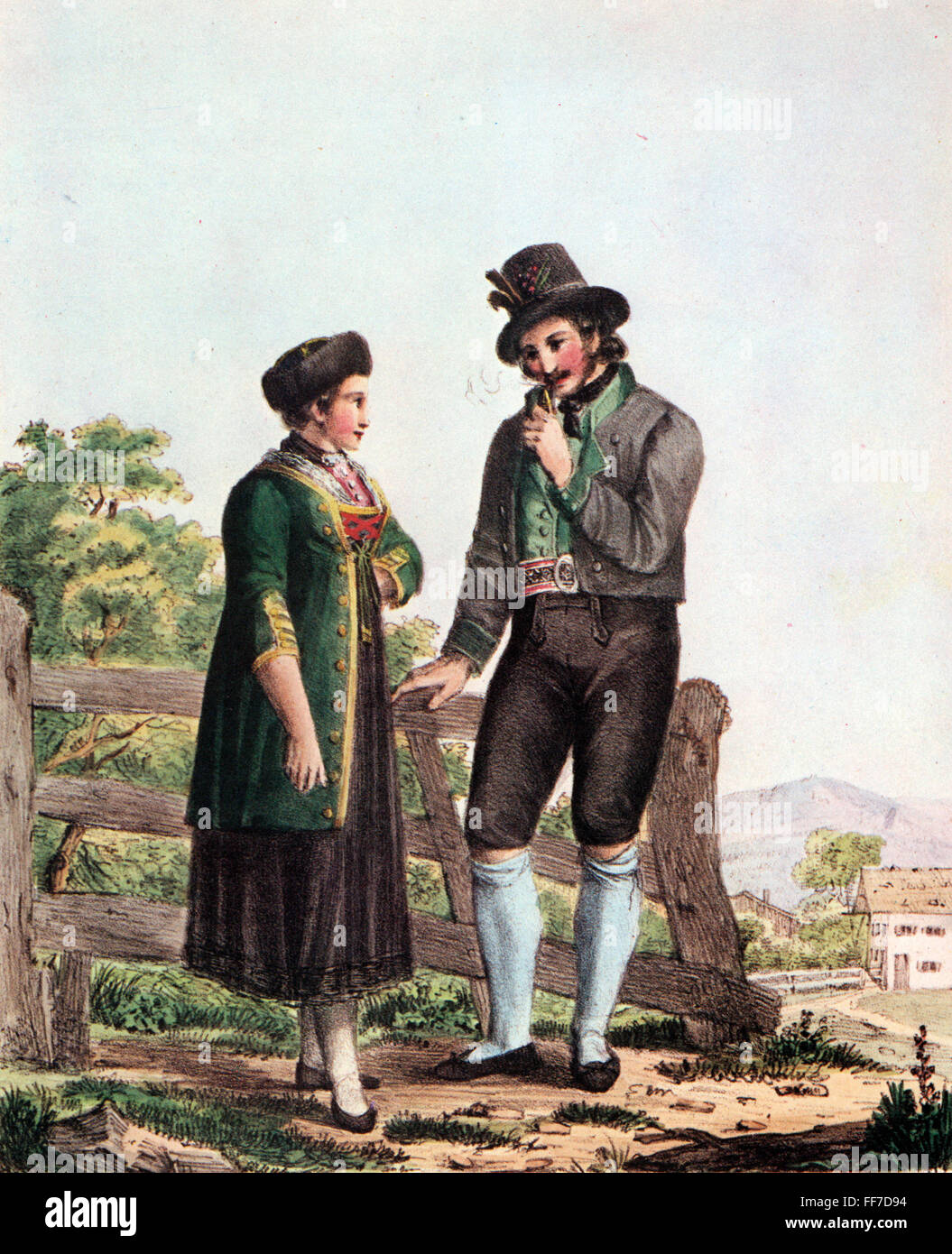 fashion,traditional costume,Bavaria,peasant girl and swain from the  Jachenau,coloured print,19th century,19th  century,graphic,graphics,Germany,Upper Bavaria,clothes,outfit,outfits,full  length,standing,headpiece,headpieces,hat,hats,cap,caps,coat,coats ...