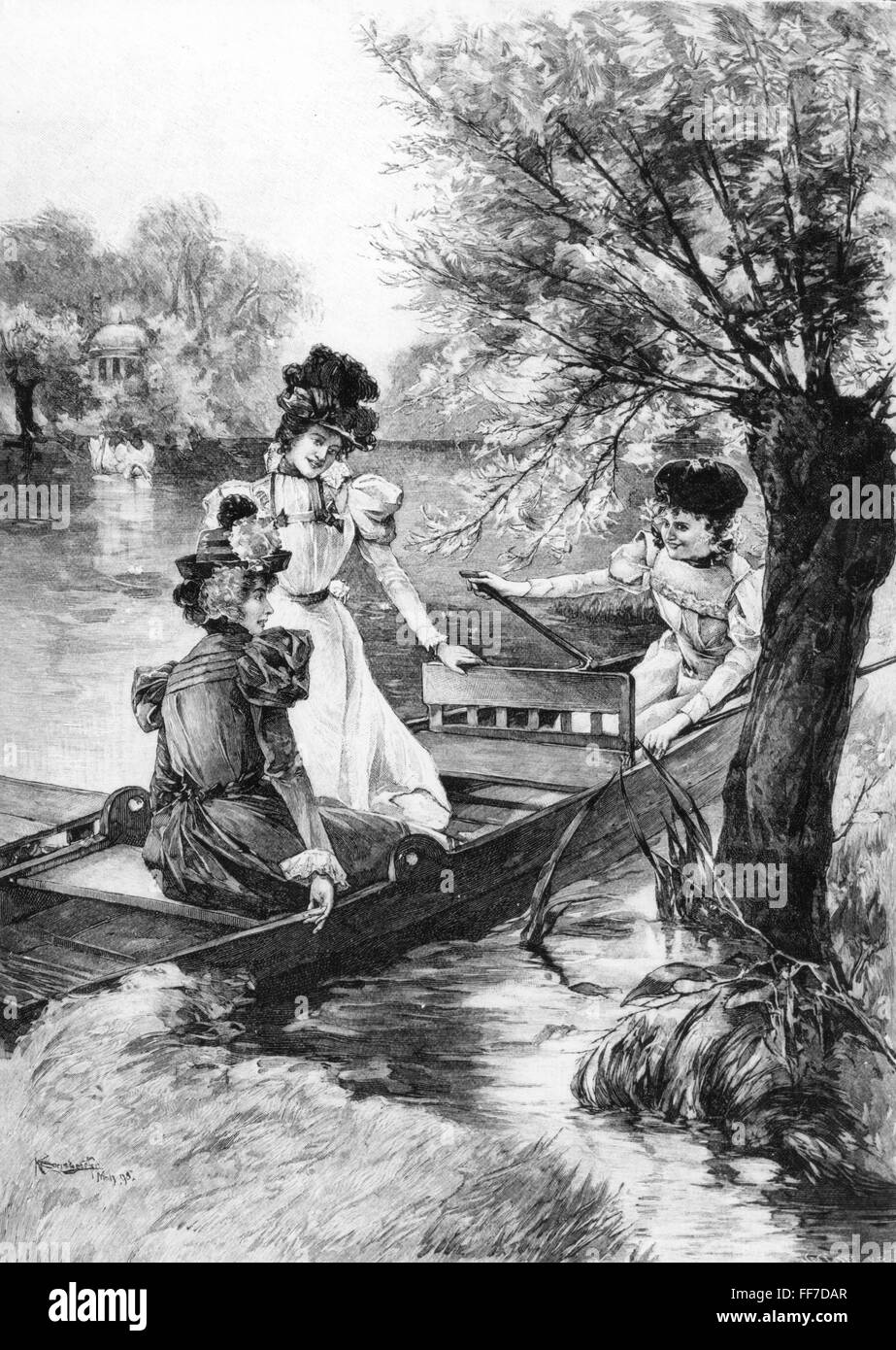 fashion,early 20th century / turn of the century,fashionably dreassed ladies on boat trip,after drawing by Konrad Egersdörfer(1868 - 1914),1898,wood engraving,circa 1900,19th century,graphic,graphics,ladies' fashion,clothes,outfit,outfits,dresses,reform dress,hat,hats,fashion for women,women's clothing,headpiece,headpieces,half length,sitting,sit,boats,rowboat,rowing boat,rowboats,lake,lakes,tree,trees,willow,willows,leisure time,free time,spare time,at the turn of the 19th / 20th century,boat trip,boat trips,historic,,Additional-Rights-Clearences-Not Available Stock Photo