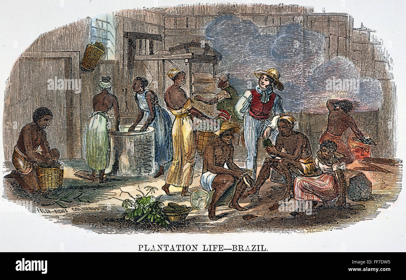 BRAZIL: SLAVERY, 1857. /nDomestic scene of slaves on a Brazilian plantation. Engraving, 1857. Stock Photo
