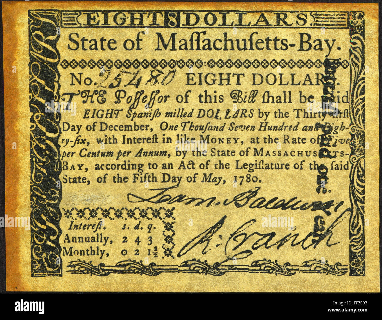 MASSACHUSETTS BANKNOTE. /nEight dollar banknote, 1780, offering interest at five percent. Stock Photo