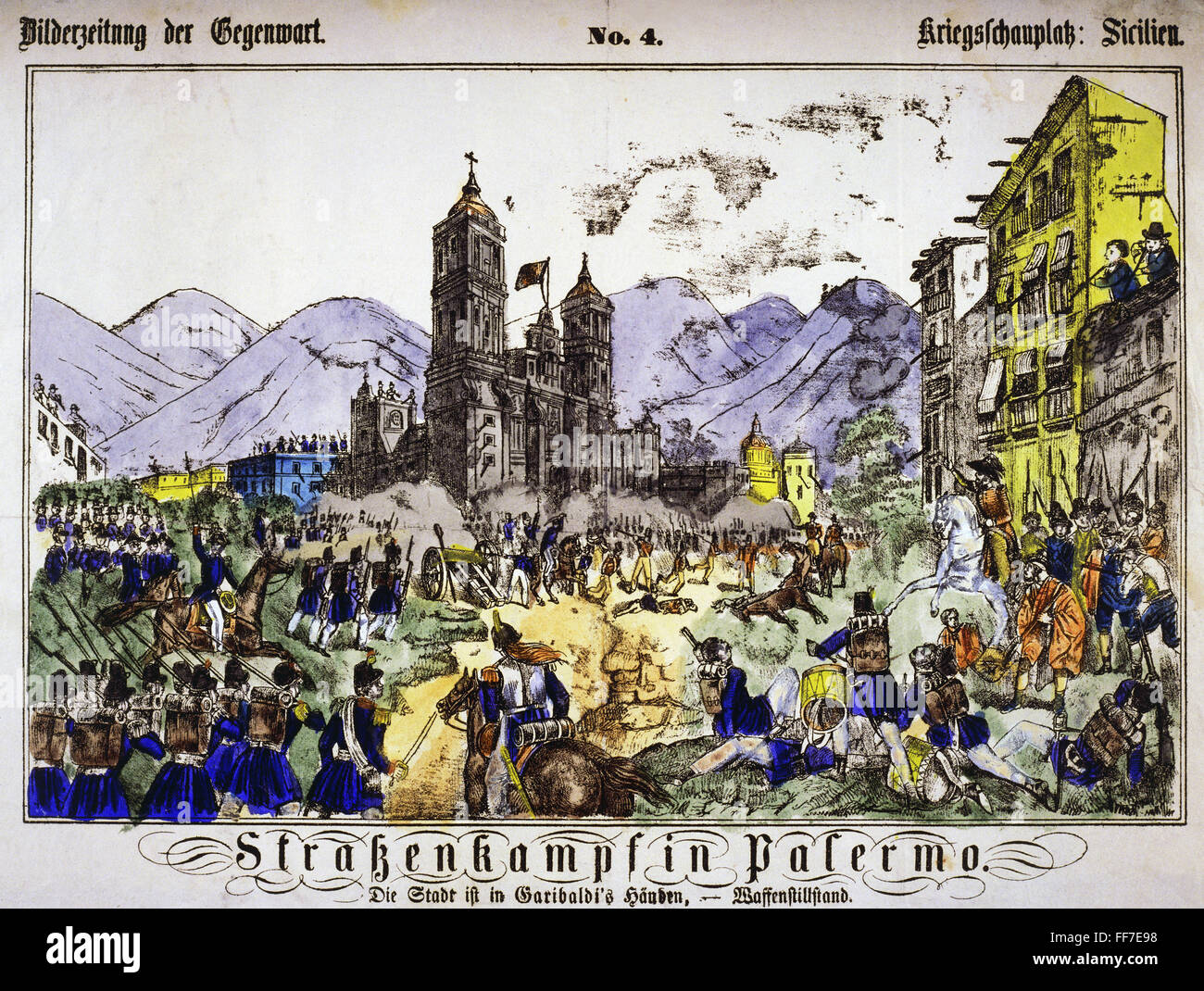 geography / travel, Italy, Risorgimento, Giuseppe Garibaldi and his troops capture Palermo, 27.5.1860, soldiers fighting in the streets, coloured lithograph, 'Bilderzeitung der Gegenwart', No. 4, Additional-Rights-Clearences-Not Available Stock Photo