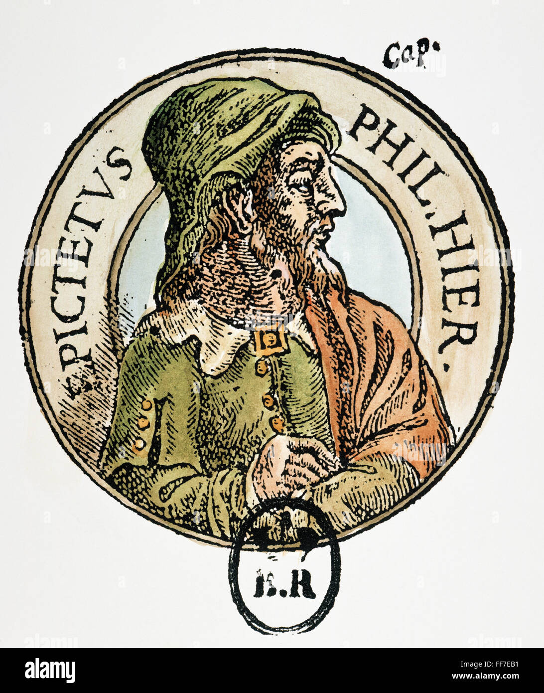 EPICTETUS (c55-c135 A.D.). /nGreek Stoic philosopher: colored woodcut, c16th century. Stock Photo