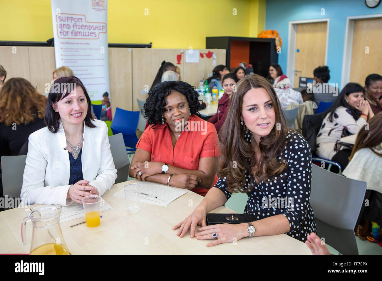 Her Royal Highness The Duchess of Cambridge chatting to parents and staff at Brookhill Children’s Centre.  A Home-Start project that offers support to children and families. London, UK. Stock Photo