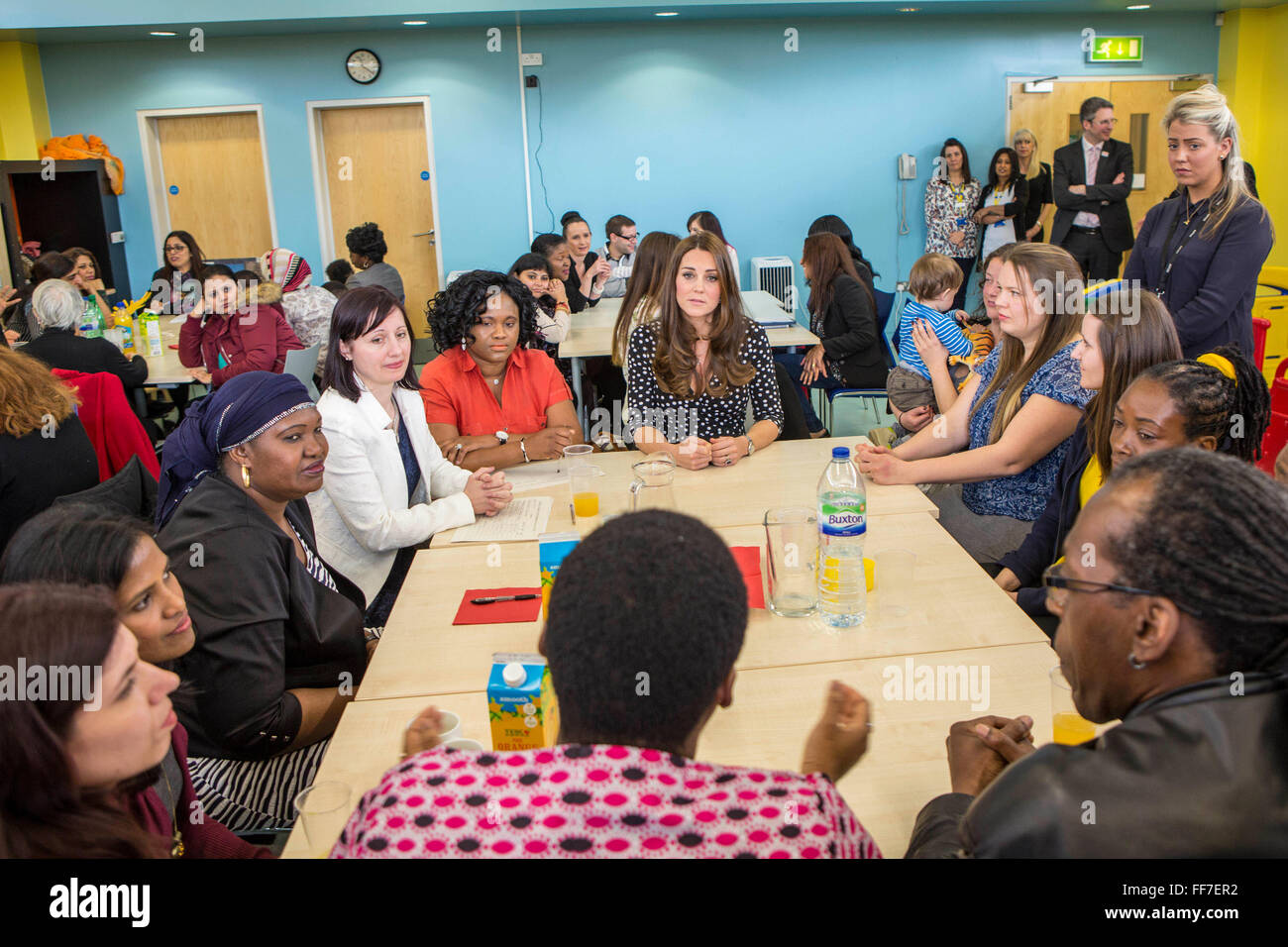 Her Royal Highness The Duchess of Cambridge chatting to parents and staff at Brookhill Children’s Centre.  A Home-Start project that offers support to children and families. London, UK. Stock Photo