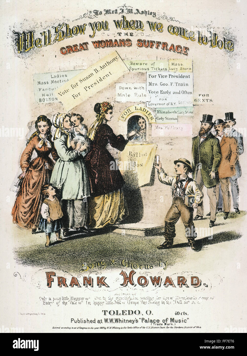 WOMEN'S RIGHTS MUSIC, 1869. /nLithograph sheet music cover of an American song satire on the