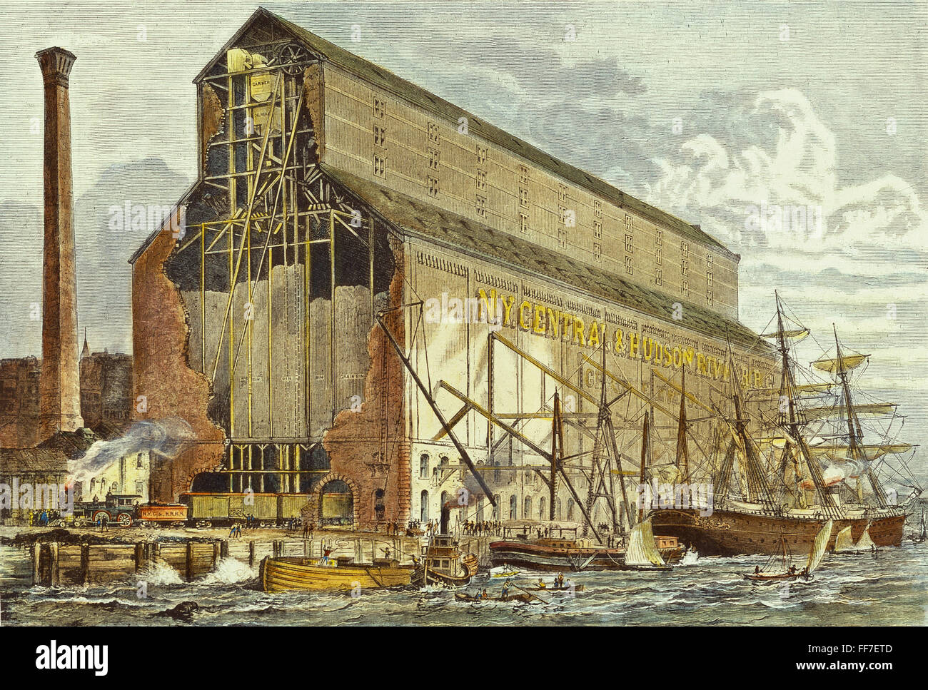 NEW YORK: GRAIN ELEVATOR. /nThe 380 foot long, 150 foot high grain elevator of the New York Central & Hudson River Railroad at the Hudson River and 60th Street in New York City. Wood engraving, American, 1877. Stock Photo