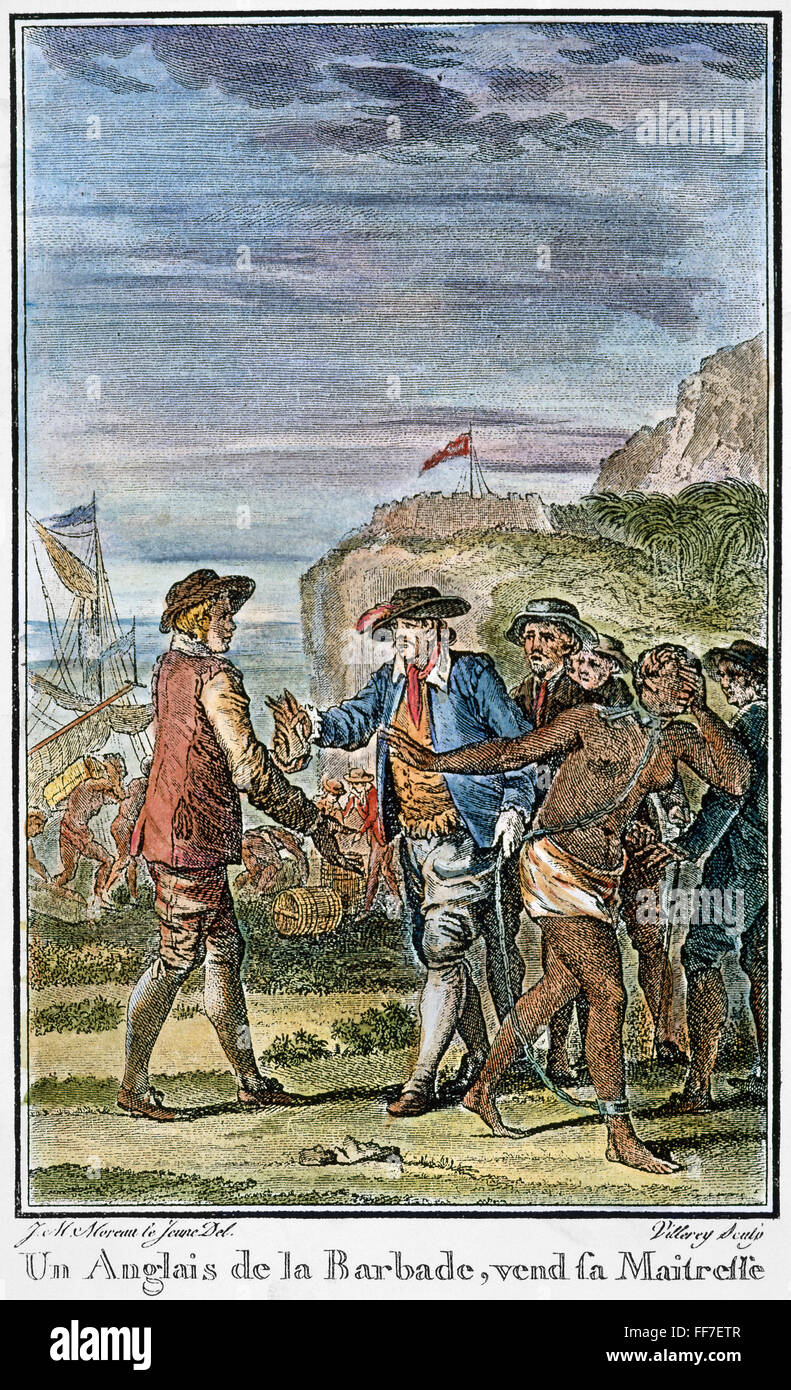 SLAVERY: BARBADOS. /nAn Englishman of Barbados selling his mistress into slavery. Copper engraving, French, after Jean-Michel Moreau, from a 1780 edition of AbbΘ Raynal's 'Histoire des Deux Indes.' Stock Photo