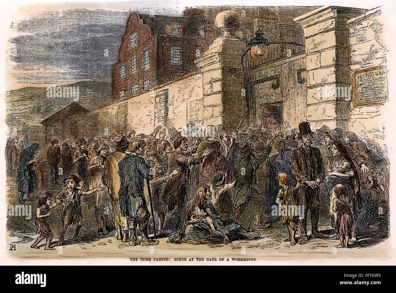 POTATO FAMINE./nStarving peasants beseiging a workhouse gate in Ireland in the aftermath of the Great Potato Famine of 1846-47. Contemporary engraving. Stock Photo