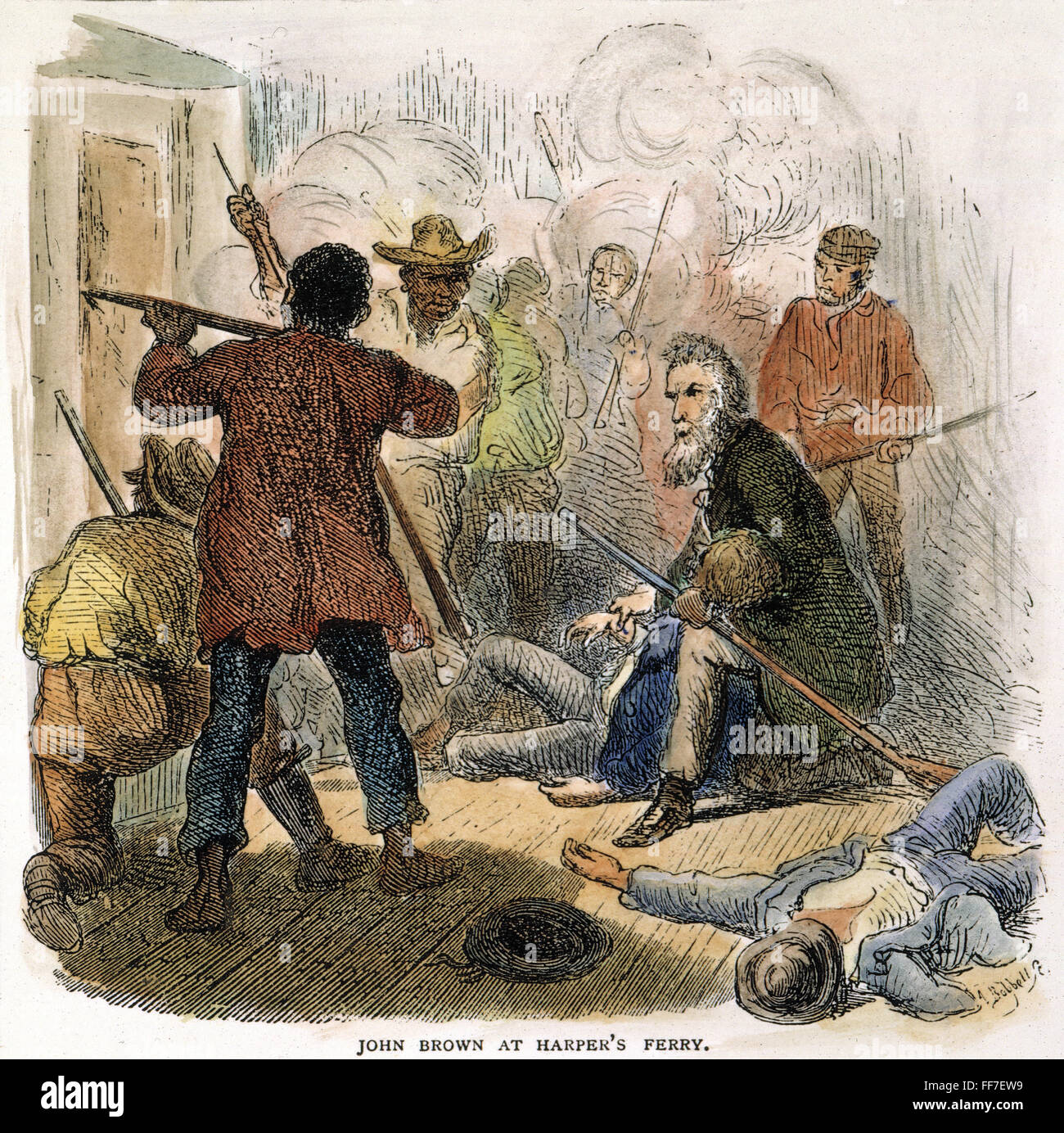 HARPER'S FERRY, 1859. /nInside the Armory at Harper's Ferry, Virginia, where John Brown and his men were trapped by the fire of the U.S. Marines under the command of Colonel Robert E. Lee, 18 October 1859. Contemporary colored engraving. Stock Photo