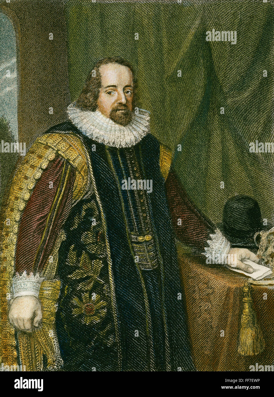 FRANCIS BACON (1561-1626). /nViscount St. Albans. English philosopher, statesman, and author. Line engraving after a painting from the studio of Paul Van Somer. Stock Photo