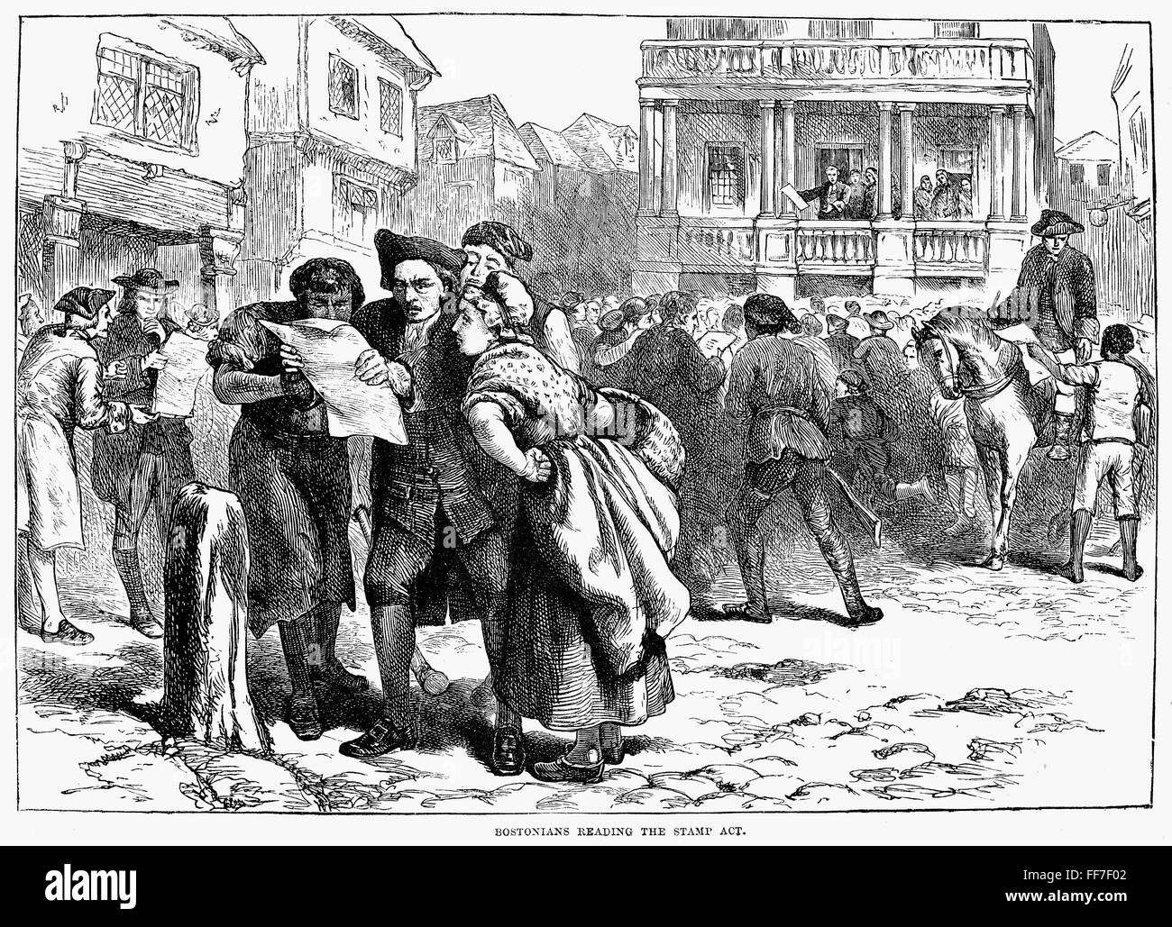 BOSTON STAMP ACT, 1765. /nBostonians reading news of the Stamp Act in
