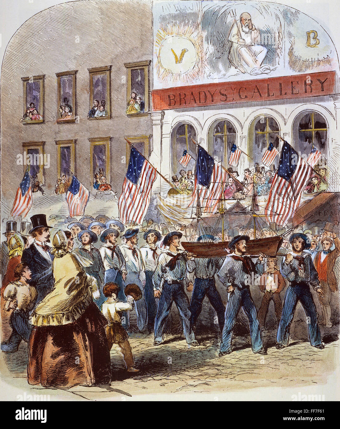 ATLANTIC CABLE PARADE 1858. /nSailors from the Niagara parading on Broadway past Mathew Brady's studio, after the laying of the first cable to Europe in 1858: colored wood engraving, 1858. Stock Photo