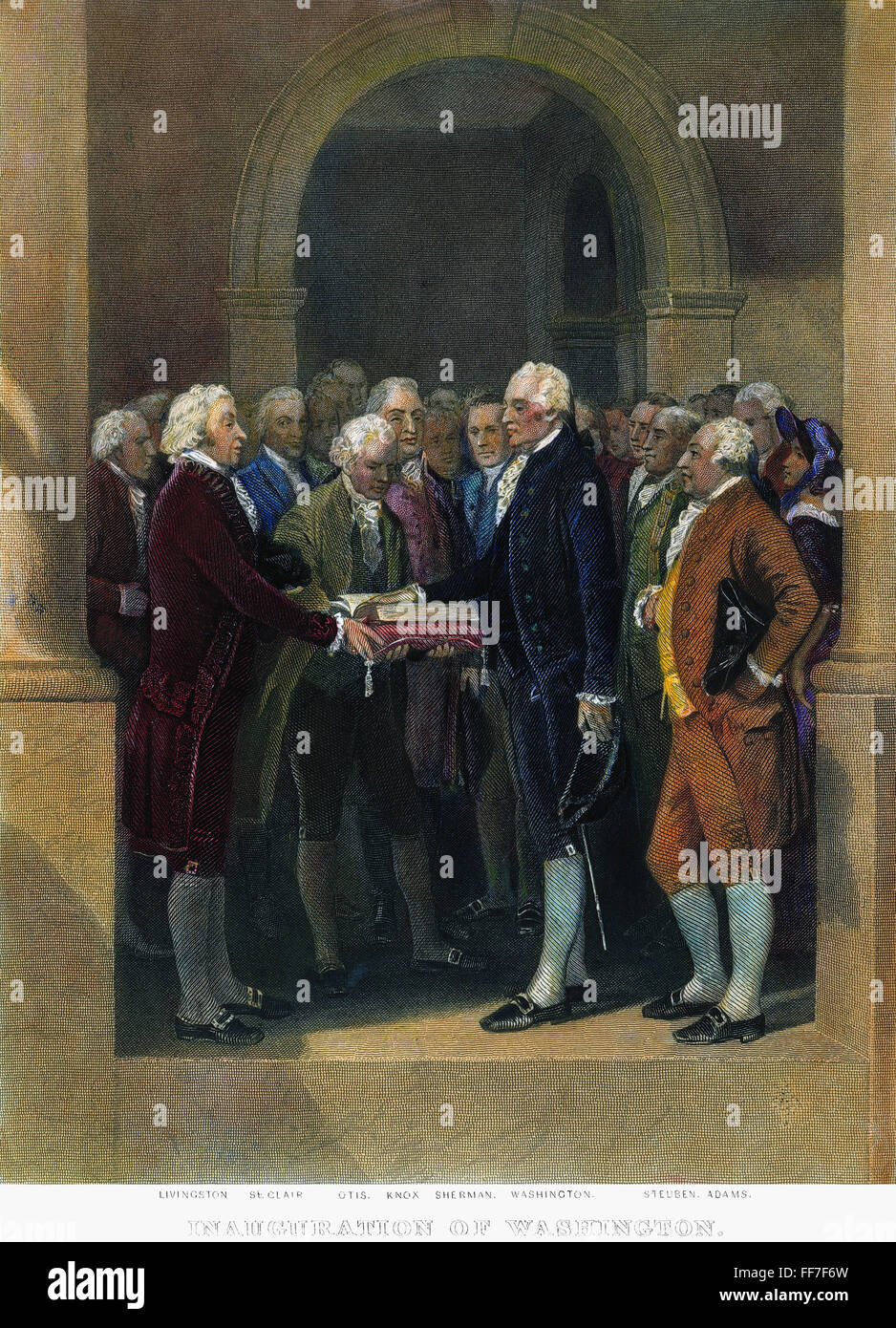 WASHINGTON: INAUGURATION. /nThe inauguration of George Washington as the first president of the United States at Federal Hall, New York City, 30 April 1789. Coloured engraving, 19th century. Stock Photo