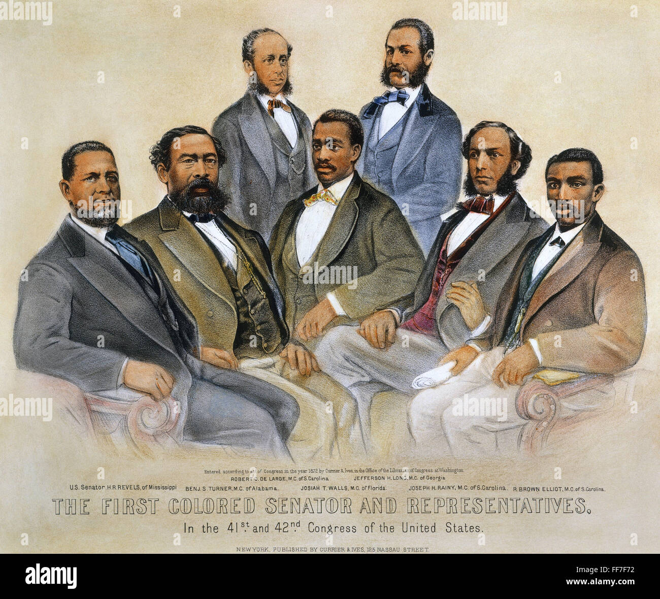 BLACK SENATORS, 1872. /n'The First Colored Senators and Representatives in the 41st and 42nd Congress of the United States.' Lithograph, 1872, by Currier & Ives. Stock Photo