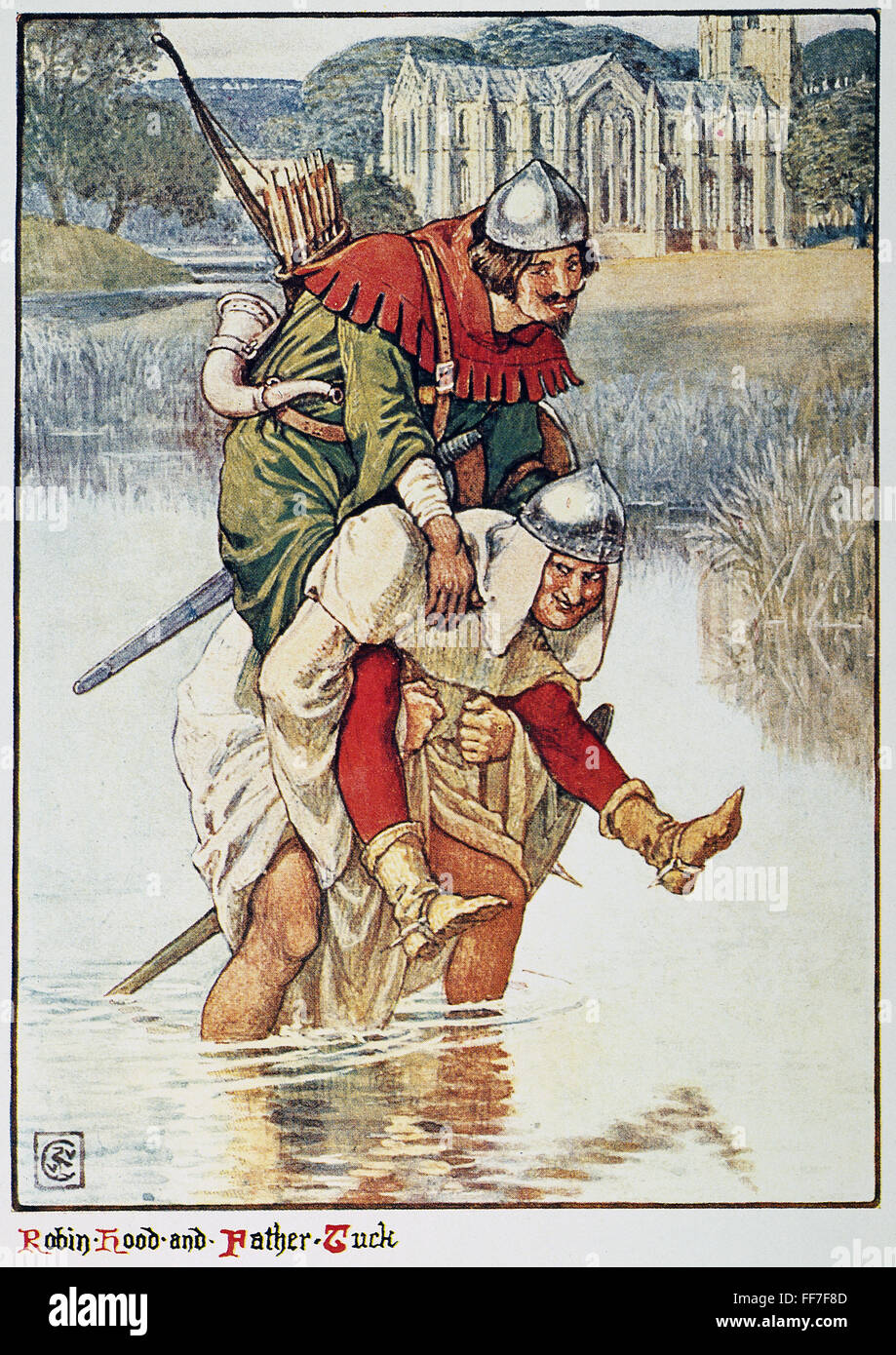 GILBERT: ROBIN HOOD. /nRobin Hood and Friar Tuck. Illustration by Walter Crane for 'Robin Hood & the Men of the Greenwood,' 1912, by Henry Gilbert. Stock Photo
