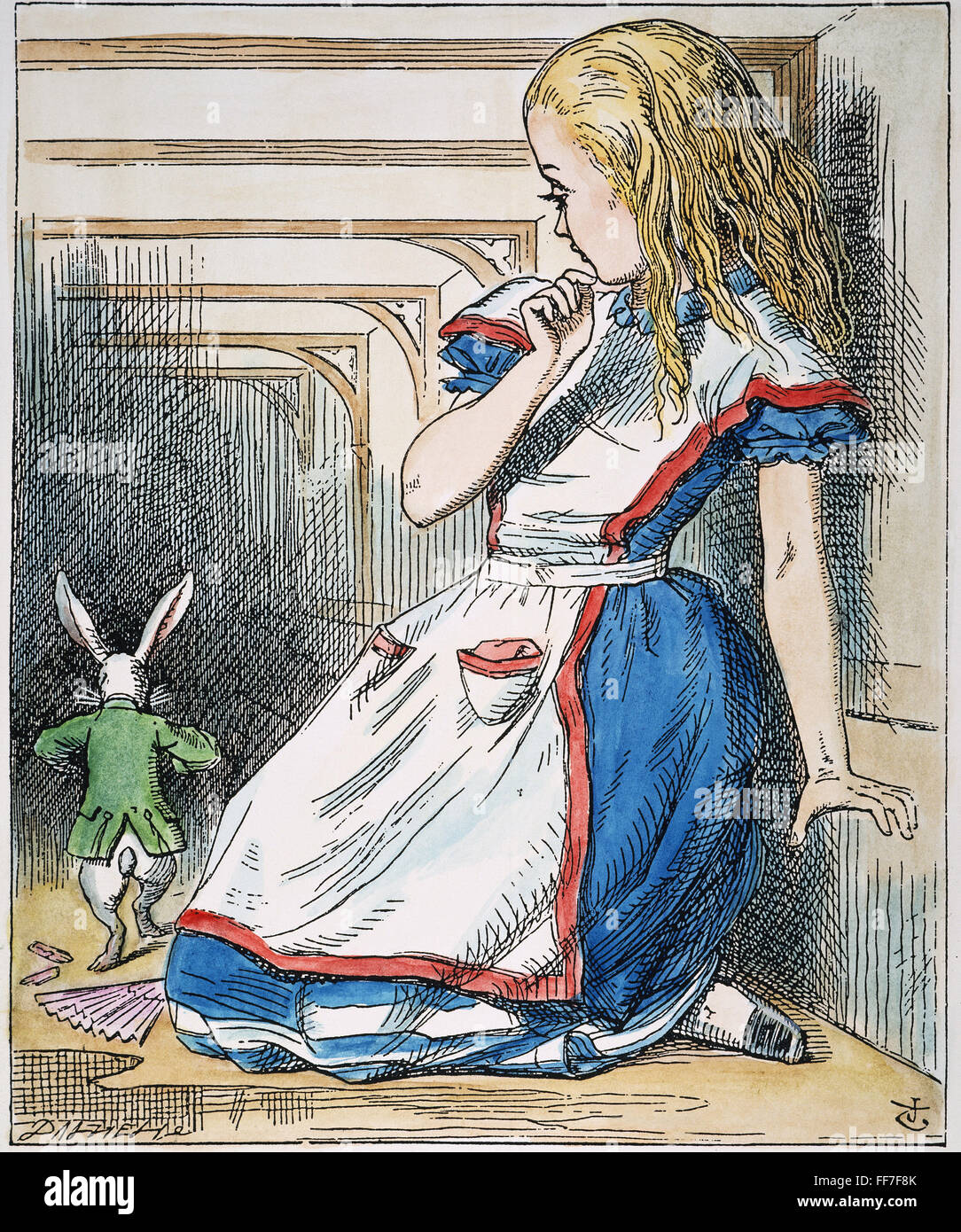 ALICE IN WONDERLAND, 1865./nAlice and the White Rabbit. Illustration by John Tenniel from the first edition of Lewis Carroll's 'Alice's Adventures in Wonderland,' 1865. Stock Photo