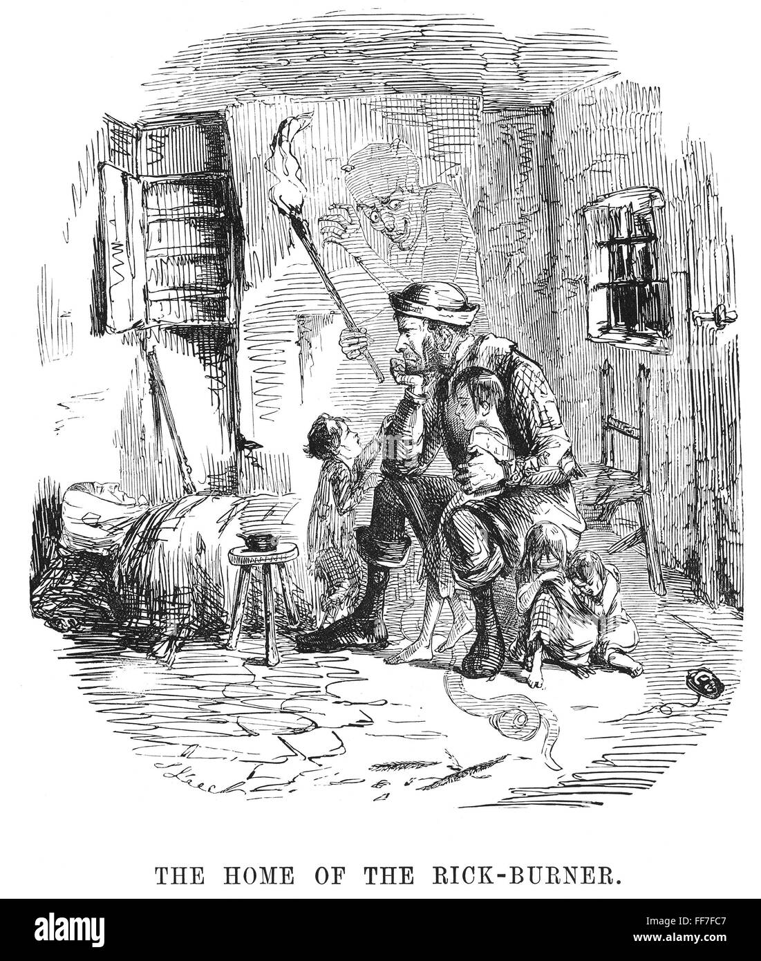 BRITISH POVERTY CARTOON. /n'The Home of the Rick-Burner.' English cartoon,  1844, by John Leech commenting on rural poverty Stock Photo - Alamy