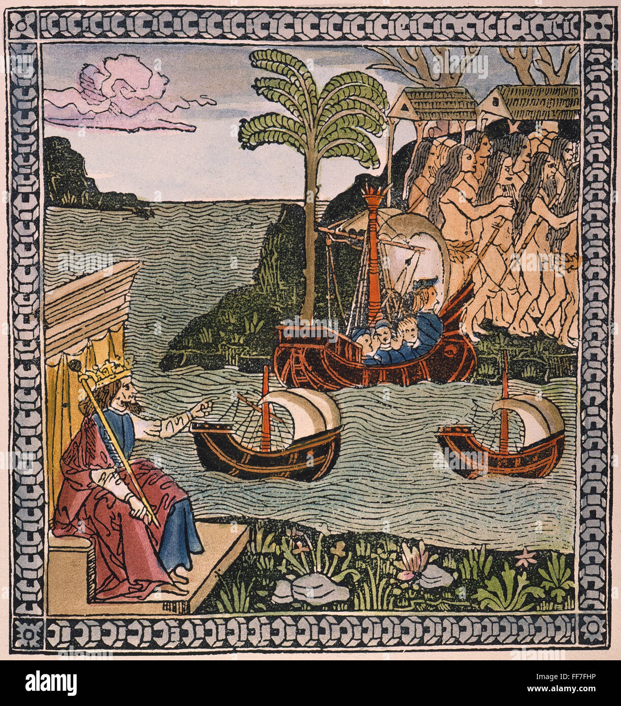 COLUMBUS: NEW WORLD, 1492. /nThe earliest depiction of Columbus landing in the New World: colored woodcut from Giuliano Dati's Narrative of Columbus, Florence, 1493. Stock Photo
