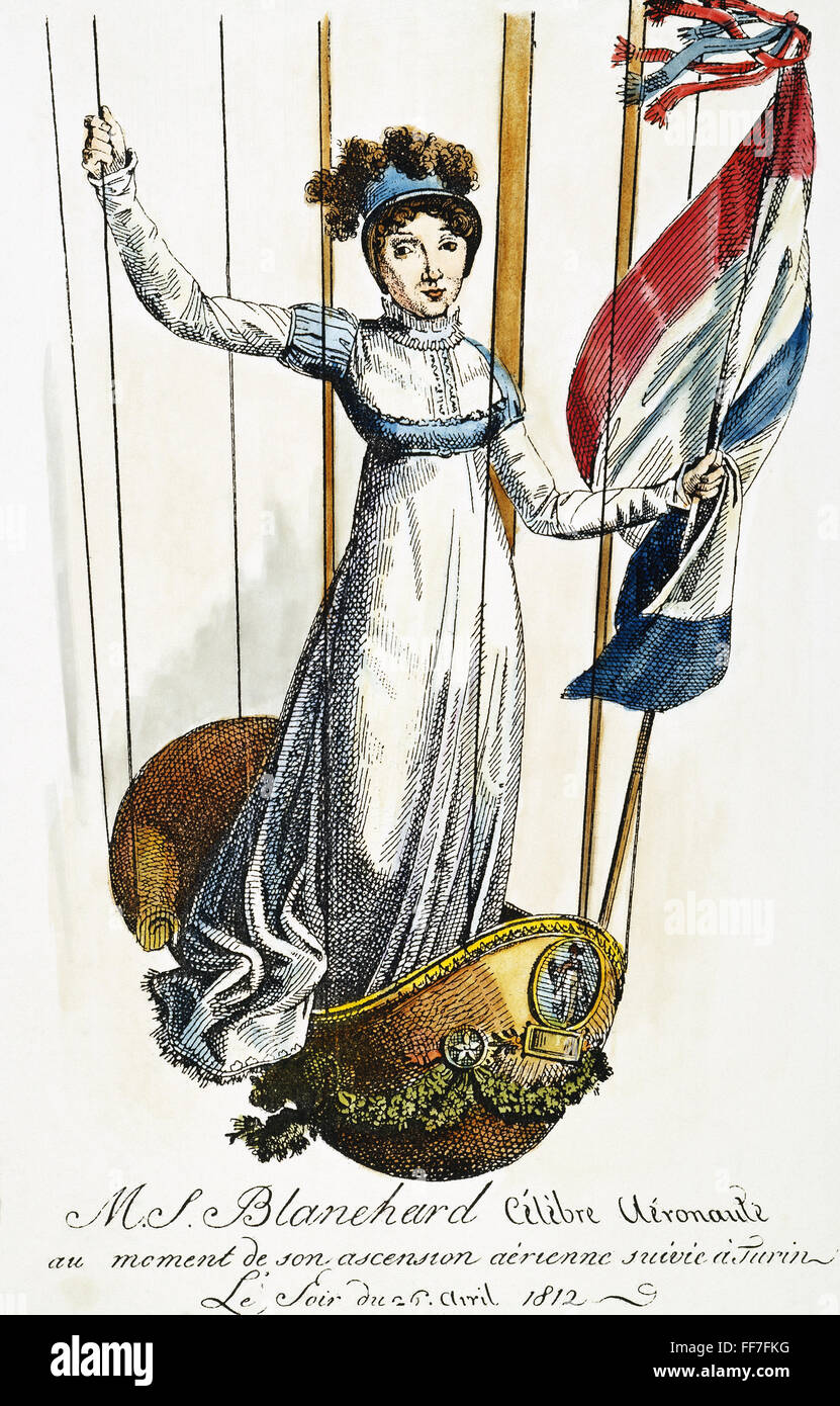 BLANCHARD: ITALY, 1812. /nMadame Jean Pierre Blanchard rising in a balloon above Turin, Italy, in 1812: contemporary French colored engraving. Stock Photo